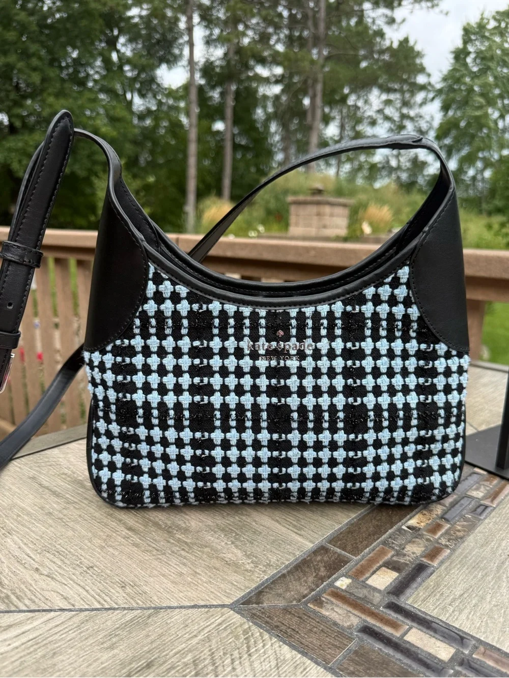 NWOT Kate Spade Teal Black Aster Tweed Fabric Crossbody